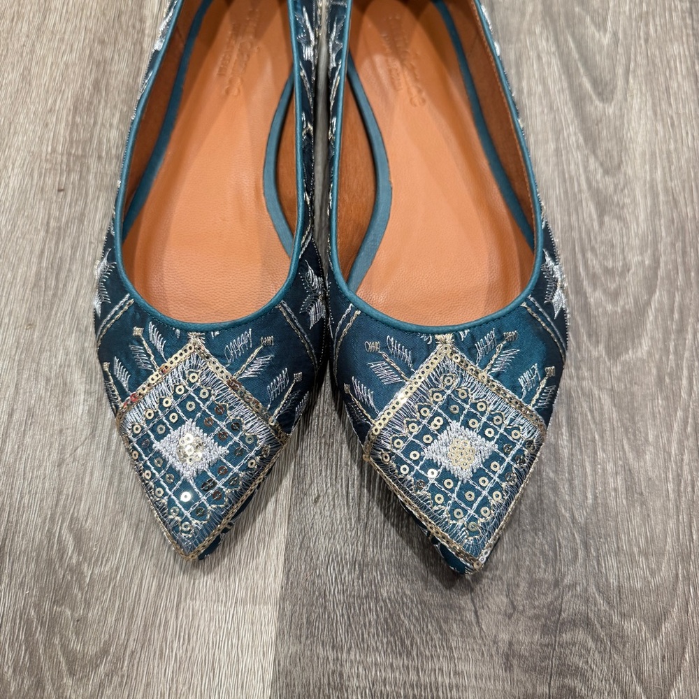 Sundance Amalia Embroidered Flats Womens 39 Point Toe Blue Sequined Cocktail - Picture 3 of 7